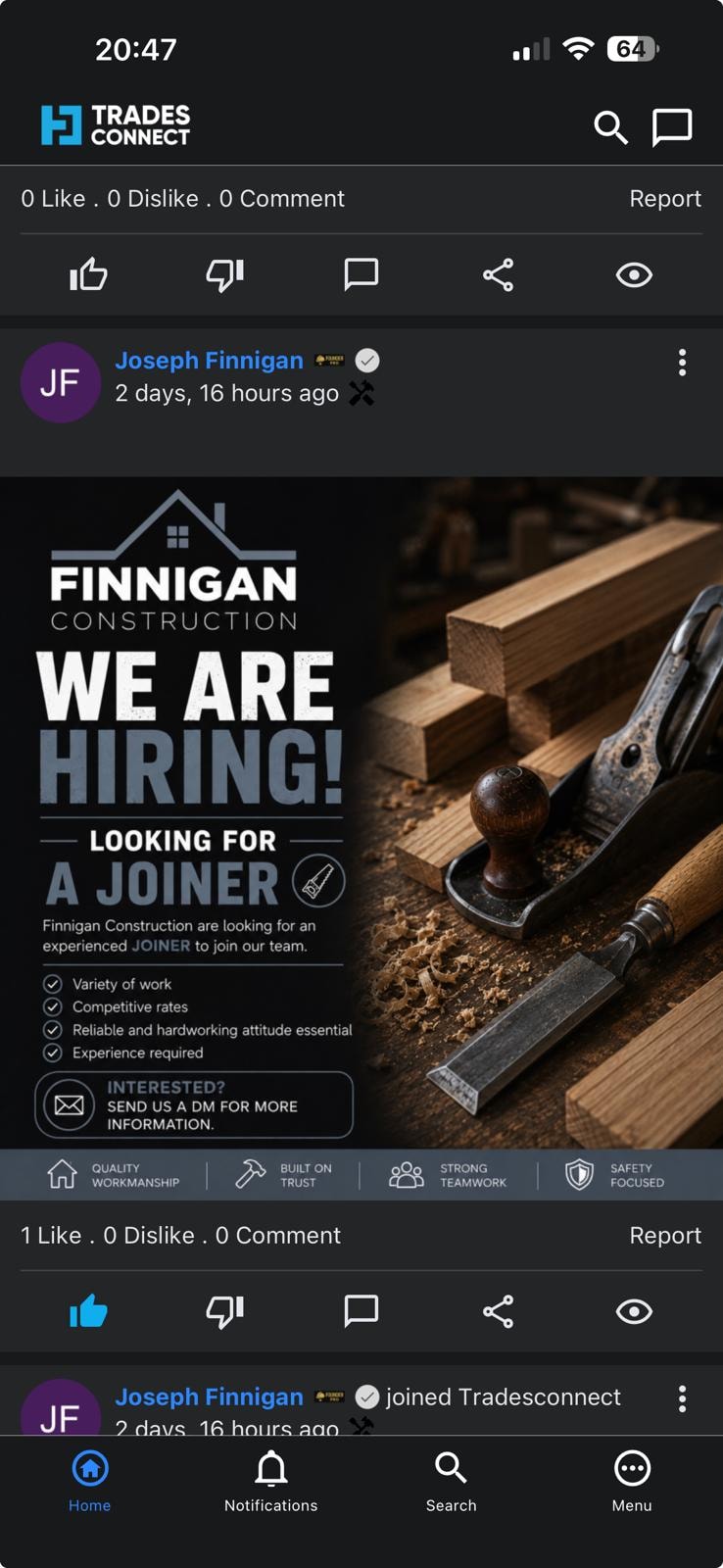 Tradesconnect app — job hiring post from Finnigan Construction