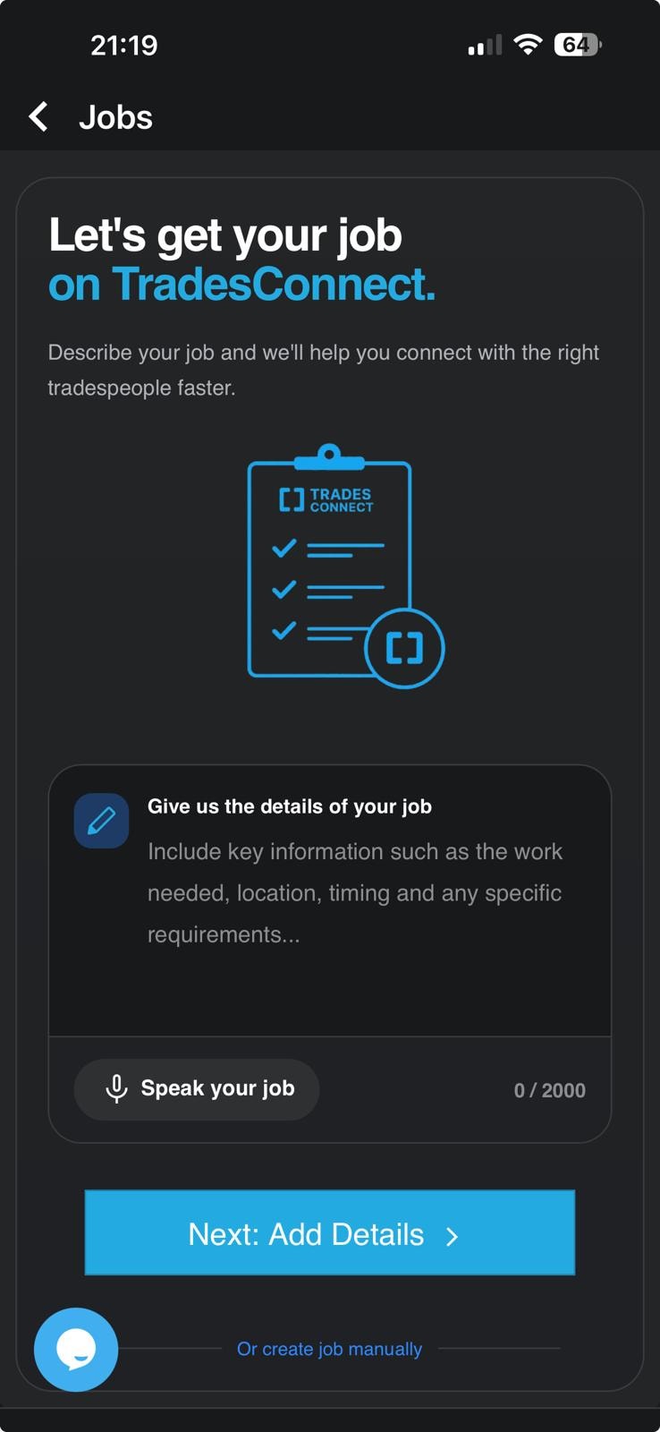 Tradesconnect app — post a new job screen