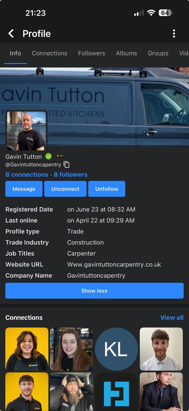 Tradesconnect app — tradesperson profile screen