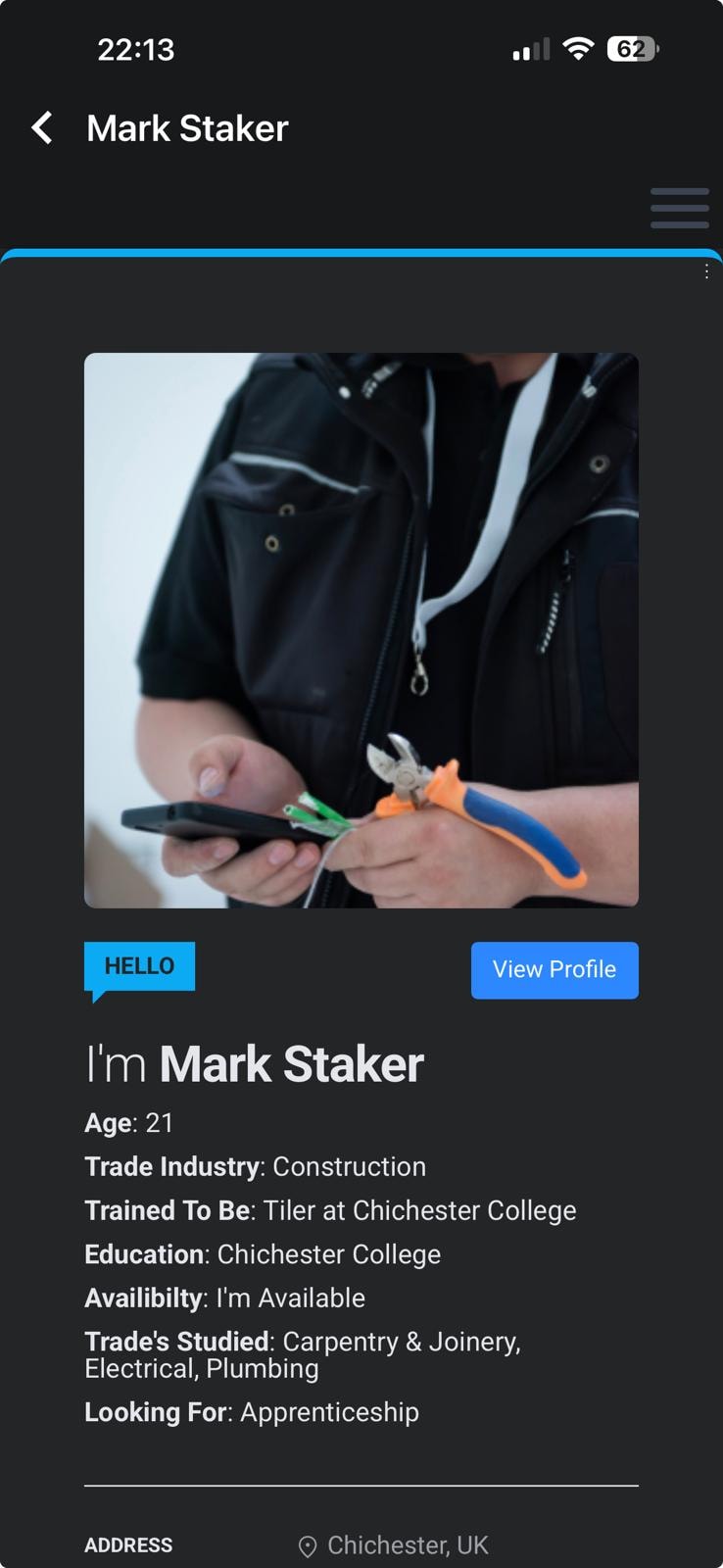 Tradesconnect app — apprentice profile screen