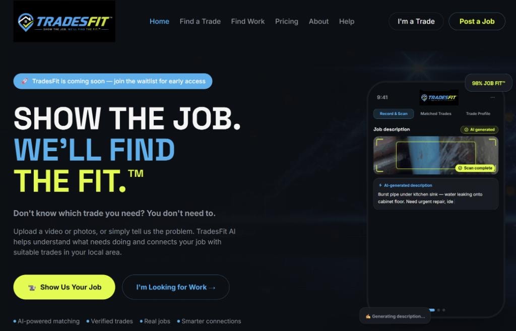 TradesFit job matching app — swipe to find work near you